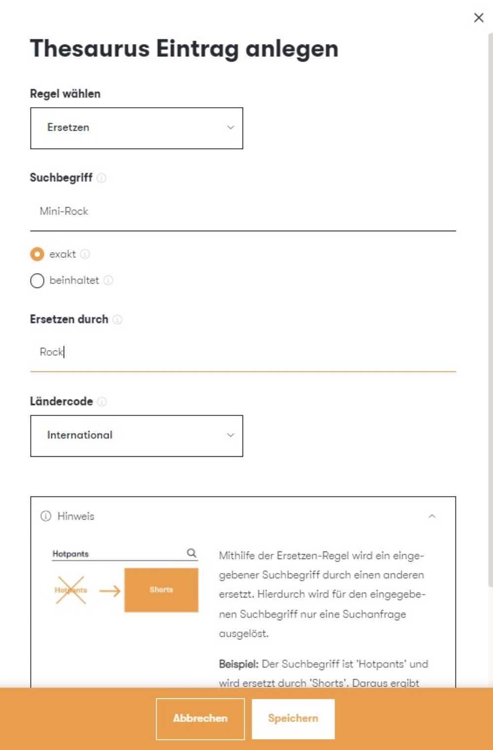 Der Screenshot zeigt einen Ausschnitt des Thesaurus im epoq Control Desk. Dargestellt wird ein Beispiel für die Regel Ersetzen.