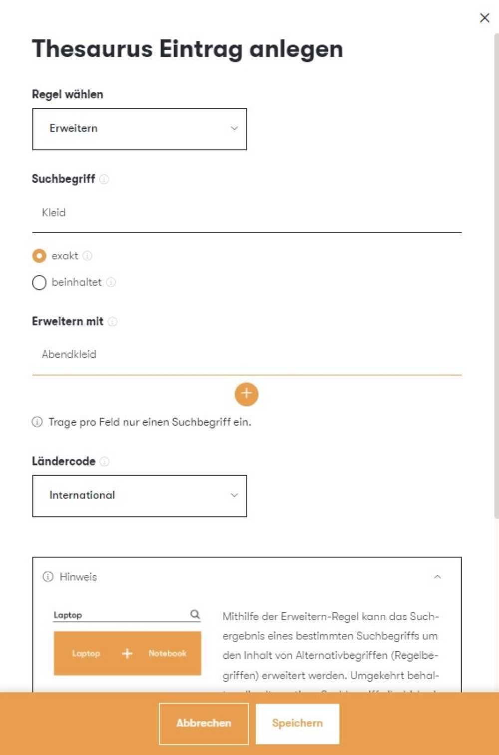 Der Screenshot zeigt einen Ausschnitt des Thesaurus im epoq Control Desk. Dargestellt wird ein Beispiel für die Regel Erweitern.