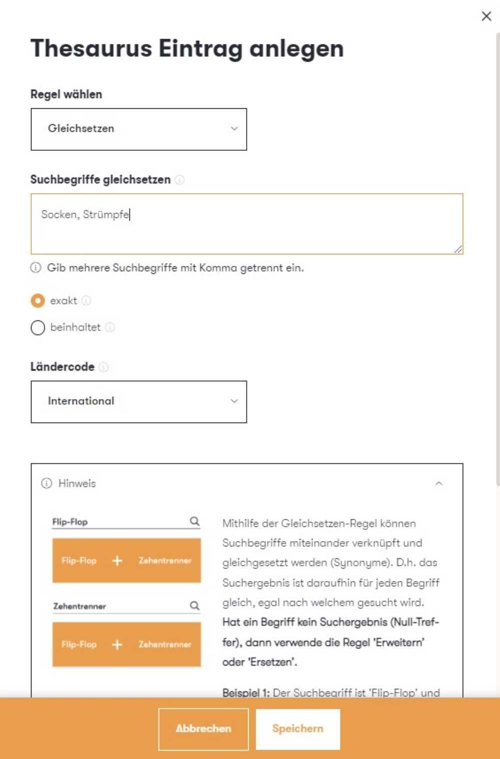 Der Screenshot zeigt einen Ausschnitt des Thesaurus im epoq Control Desk. Dargestellt wird ein Beispiel für die Regel Gleichsetzen.