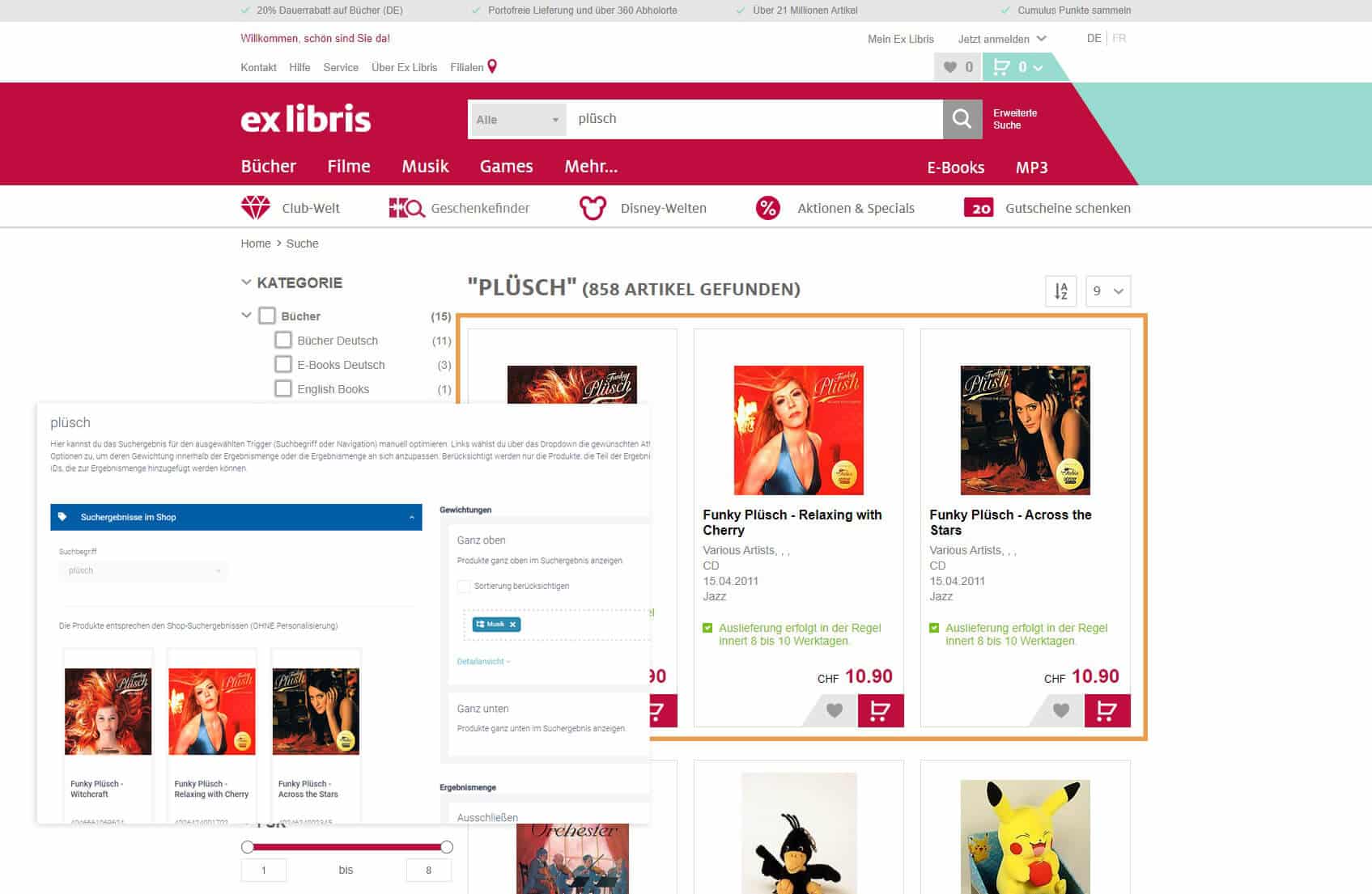 Das Bild zeigt, wie Artikel der Band "Plüsch" über das Ergebnismanagement im Control Desk gepusht werden können und somit in der Ergebnisliste ganz oben angezeigt werden.