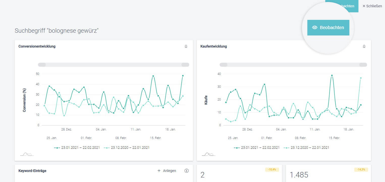 Der Screenshot zeigt die Controlling-Funktion im Analyse-Suche-Bereich im Control Desk, mit der angelegte Optimierungen überprüft werden können.