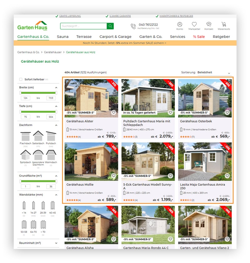 Beispiel für ein Recommendation Widget als Tile im Online Shop von A-Z Gartenhaus