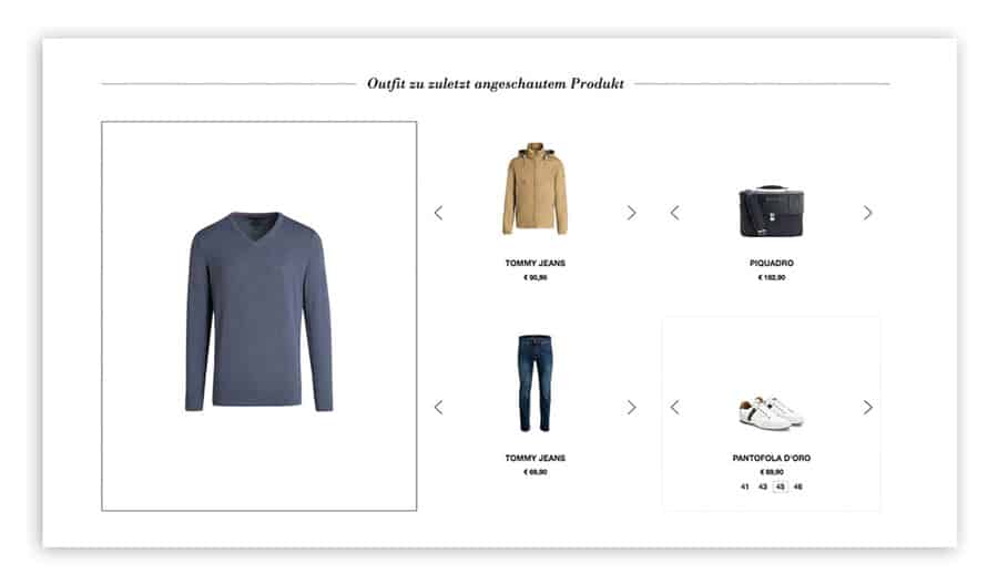 Das Bild zeigt ein Produkt-Set im Online Shop von Outletcity Metzingen. Kunden können sich hier ein komplettes Outfit zusammenstellen.