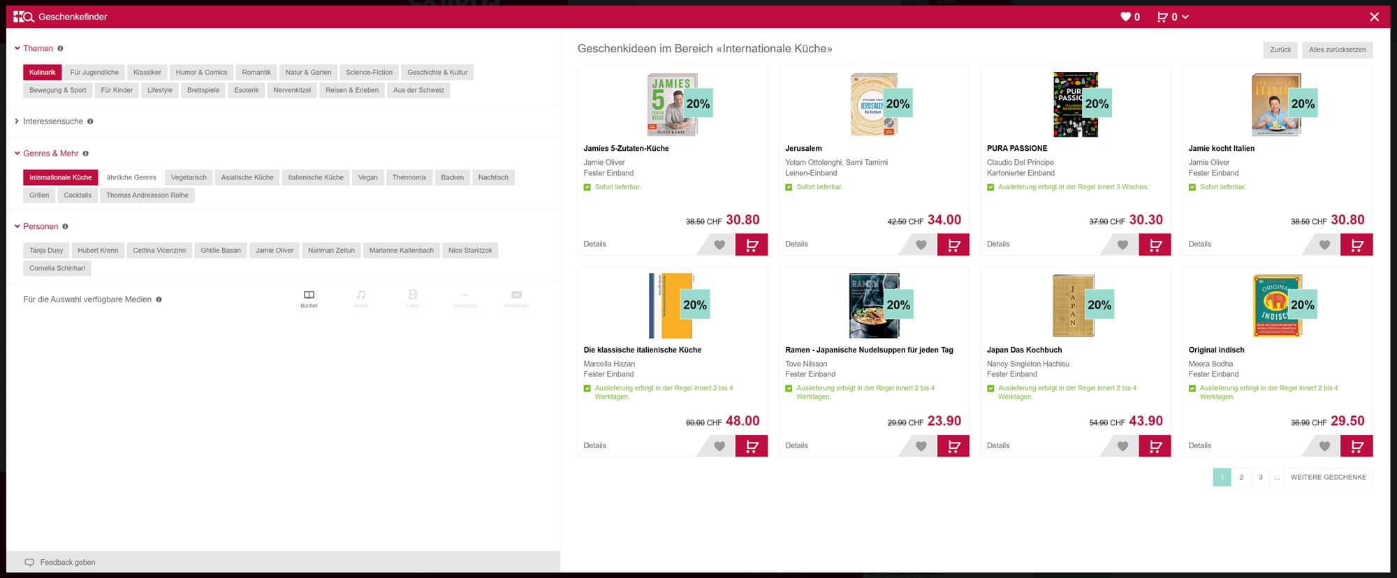 Screenshot des Geschenkefinders von Ex Libris als Beispiel für eine Guided Selling Software.