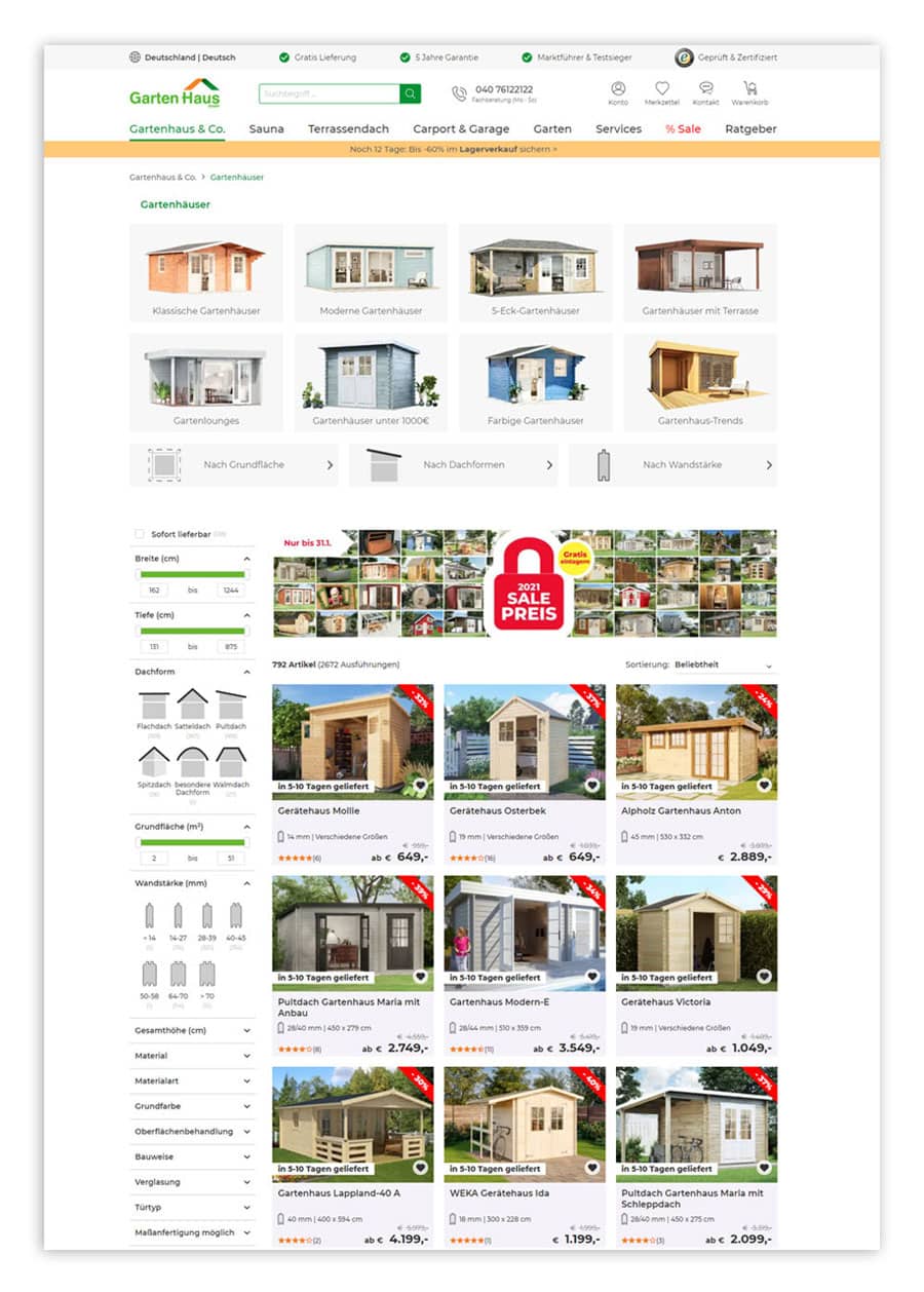 Produktkategorieseite im Online Shop Gartenhaus