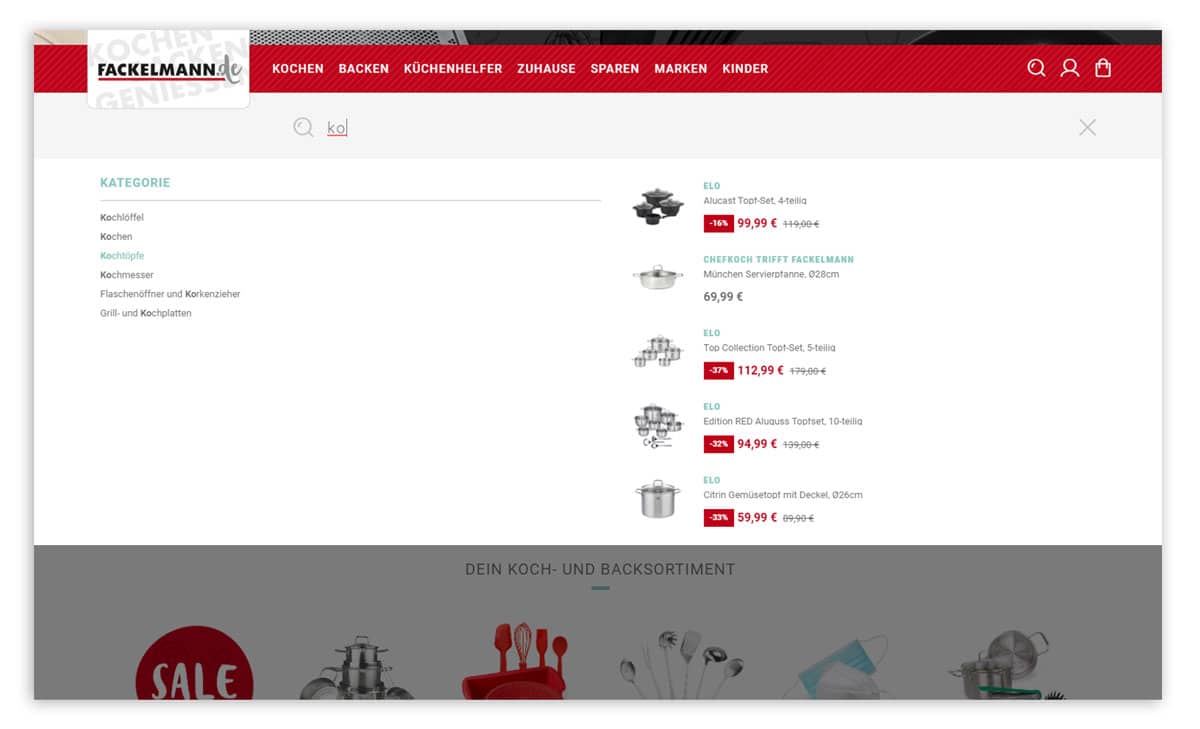 Eine KI-Autovervollständigung ergänzt Produktvorschläge in der Onsite-Suche auf der Fackelmann Seite