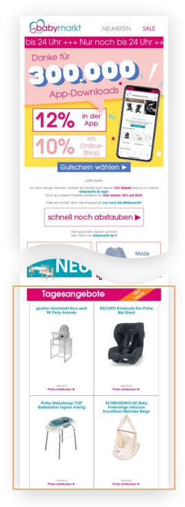 Der Screenshot zeigt einen Ausschnitt einer E-Mail von babymarkt.de mit Gutscheinen und Produktempfehlungen als Beispiel für eine mögliche Maßnahme der Kundenbindung im E-Commerce