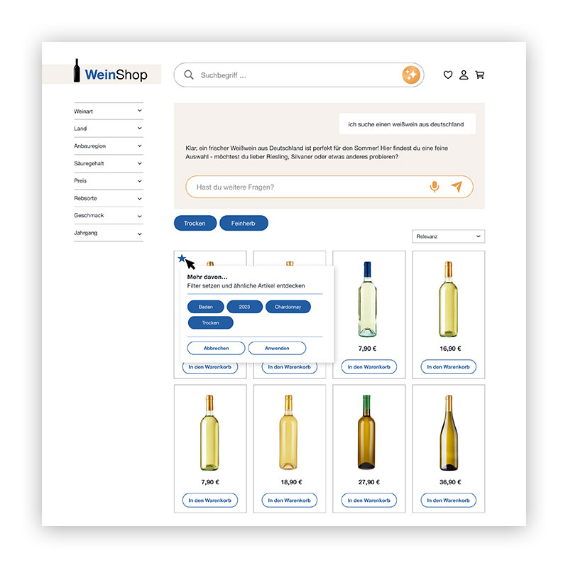 Beispielhafte Darstellung eines Weinshops mit einem AI Shopping Assistant, der zur Anfrage "ich suche einen weißwein aus deutschland" neben passenden Ergebnissen auch hilfreiche Tags wie "Trocken" oder "Feinherb" anzeigt.