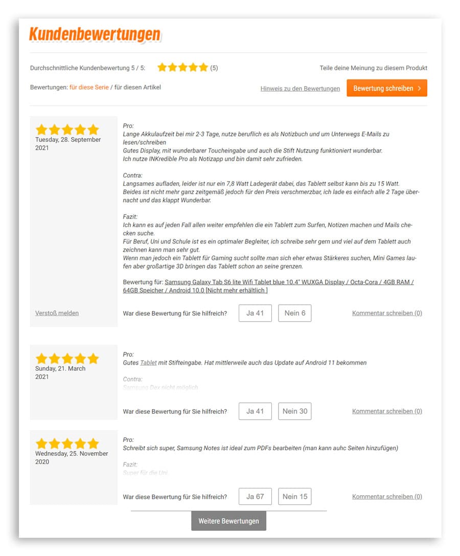 Gezeigt werden Kundenbewertungen im Online Shop von notebooksbilliger.de.
