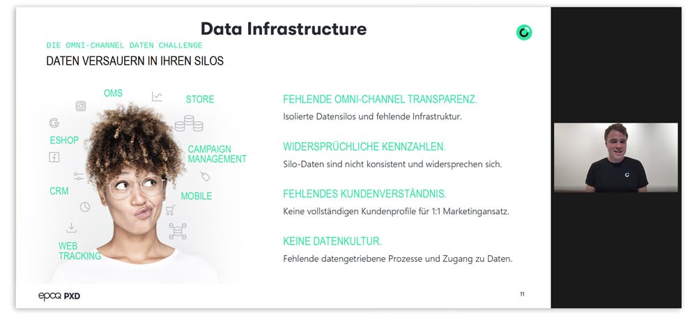 Es ist ein Screenshot vom epoq Personalisation Experience Day 2022 zu sehen mit dem Thema Data Infrastructure.