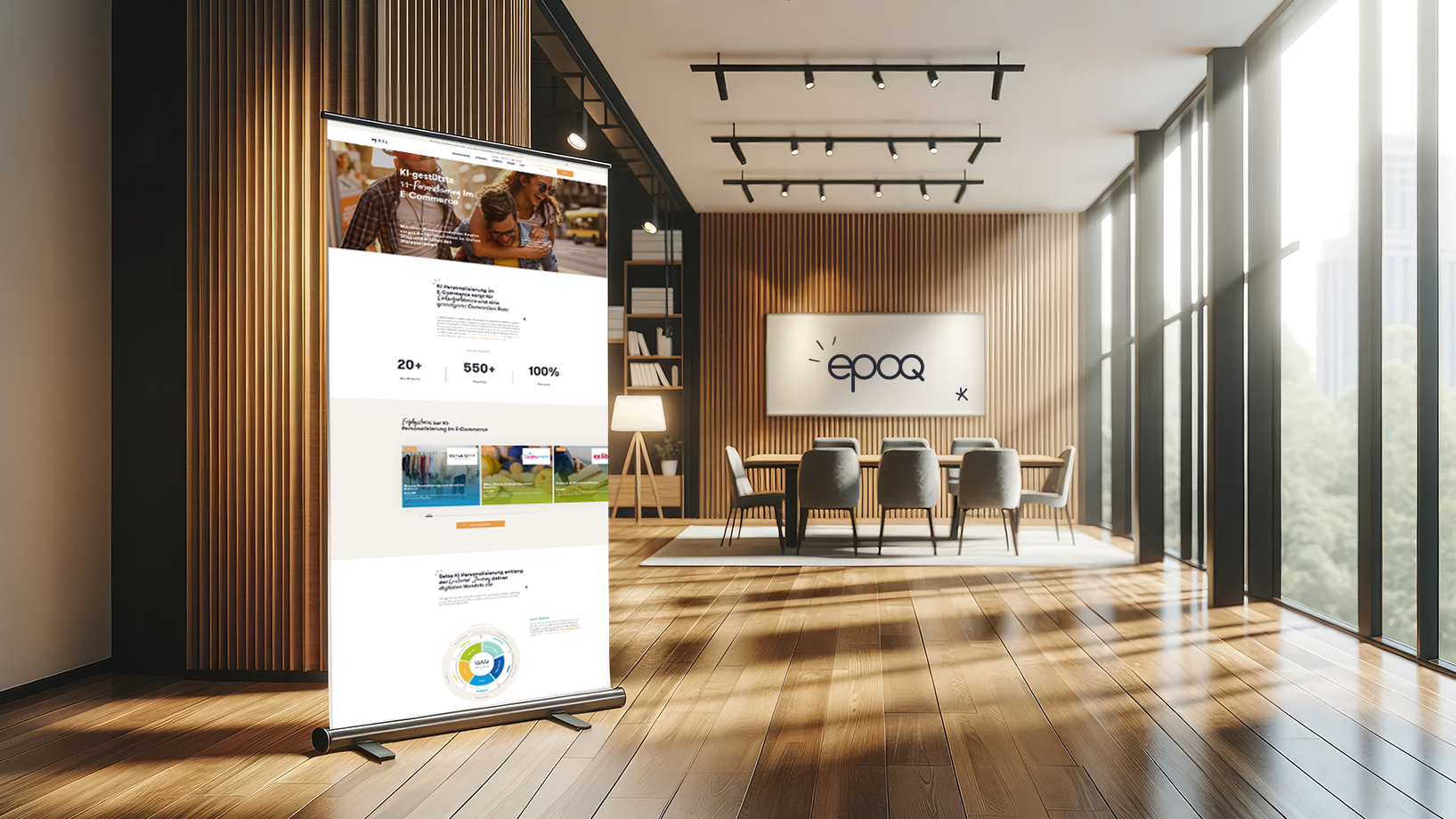 Das Bild zeigt einen Büro-Raum mit einem Werbebanner.