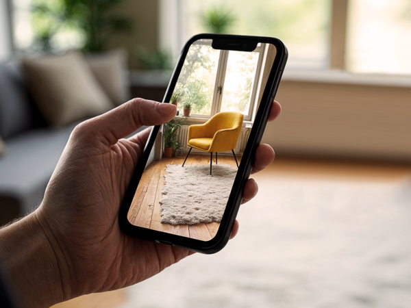 Das Bild zeigt den E-Commerce der Zukunft: Eine Person projiziert mithilfe eines Smartphones einen Stuhl in einen Raum.