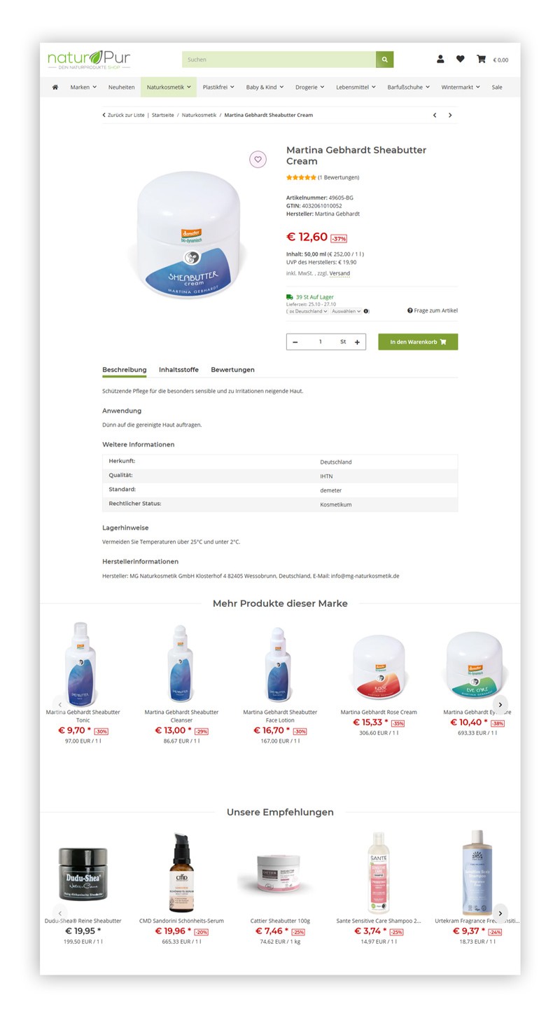 Screenshot einer Produktdetailseite im Online Shop von naturPur mit passenden Produktempfehlungen als Beispiel für den Einsatz von AI im E-Commerce.