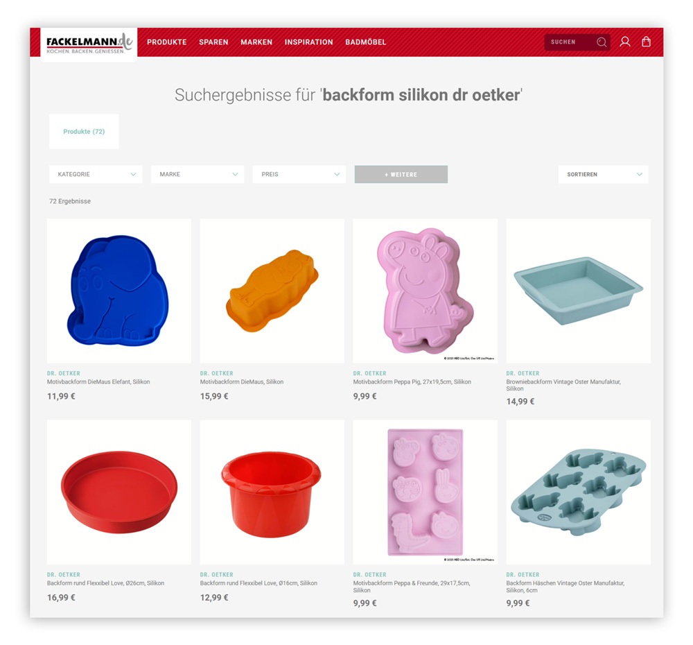 Screenshot einer Suchanfrage im Online Shop von Fackelmann zu „backform silikon dr oetker“, bei der die semantische Suche - als ein Anwendungsbeispiel von AI im E-Commerce - passende Produkte mit allen relevanten Eigenschaften liefert.