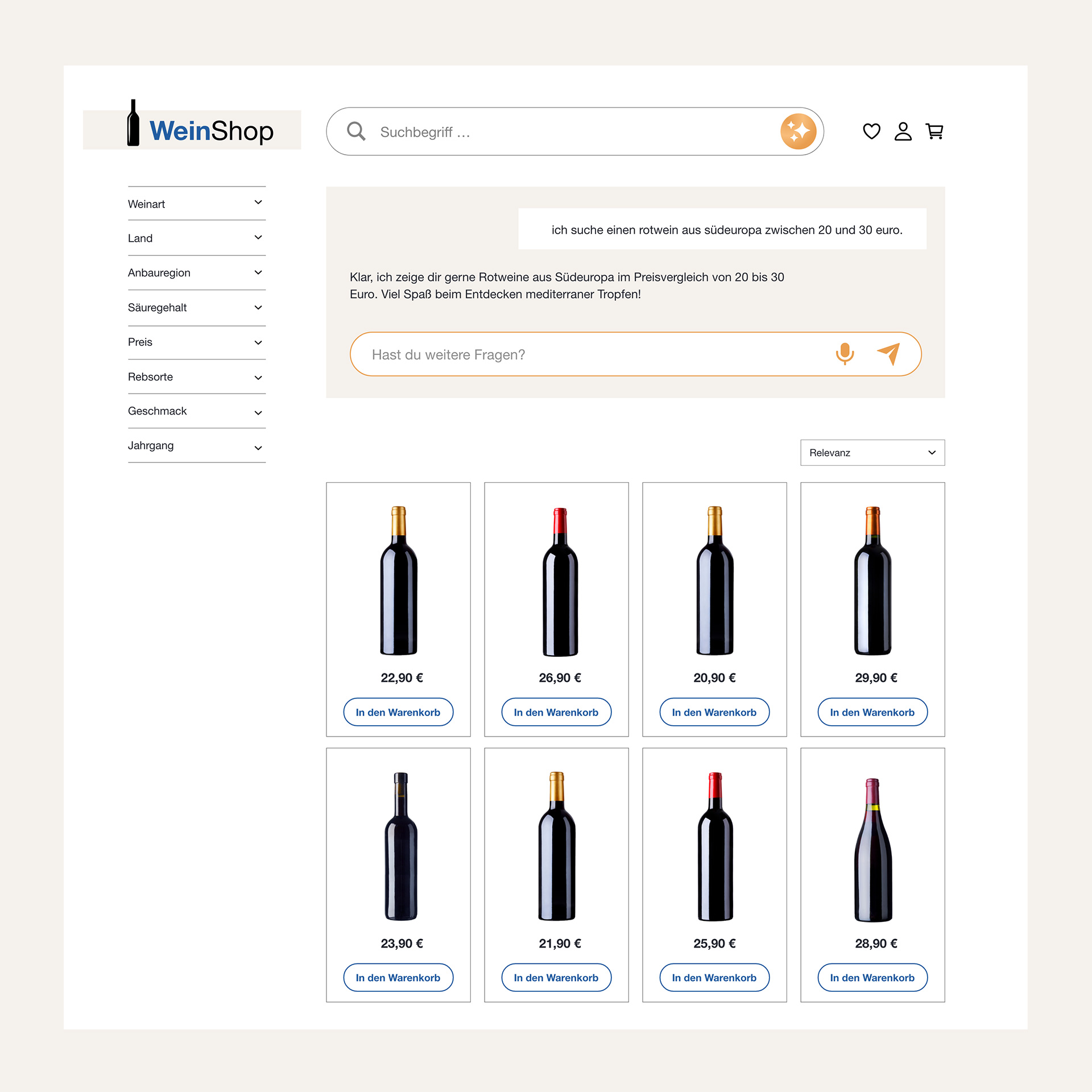 Beispielhafte Darstellung eines Weinshops mit einem AI Shopping Assistant, der zur Anfrage "ich suche einen rotwein aus südeuropa zwischen 20 und 30 euro" passende Ergebnisse mit mediterranen Tropfen in der gewünschten Preiskategorie bereitstellt.