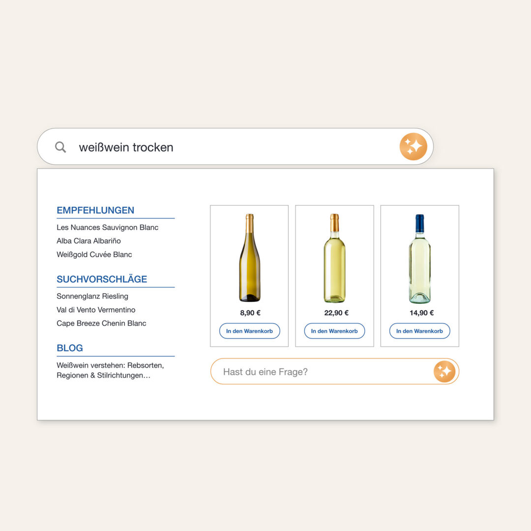 Beispielhafte Darstellung einer Suchfunktion mit Autosuggest in einem Weinshop, in der mithilfe eines Icons auf den verfügbaren AI Shopping Assistant aufmerksam gemacht wird.