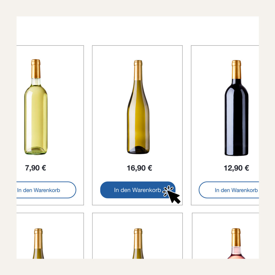 Beispielhafte Darstellung eines Weinshops mit einem AI Shopping Assistant, bei dem Kunden Produkte der Ergebnisliste direkt in den Warenkorb legen können.