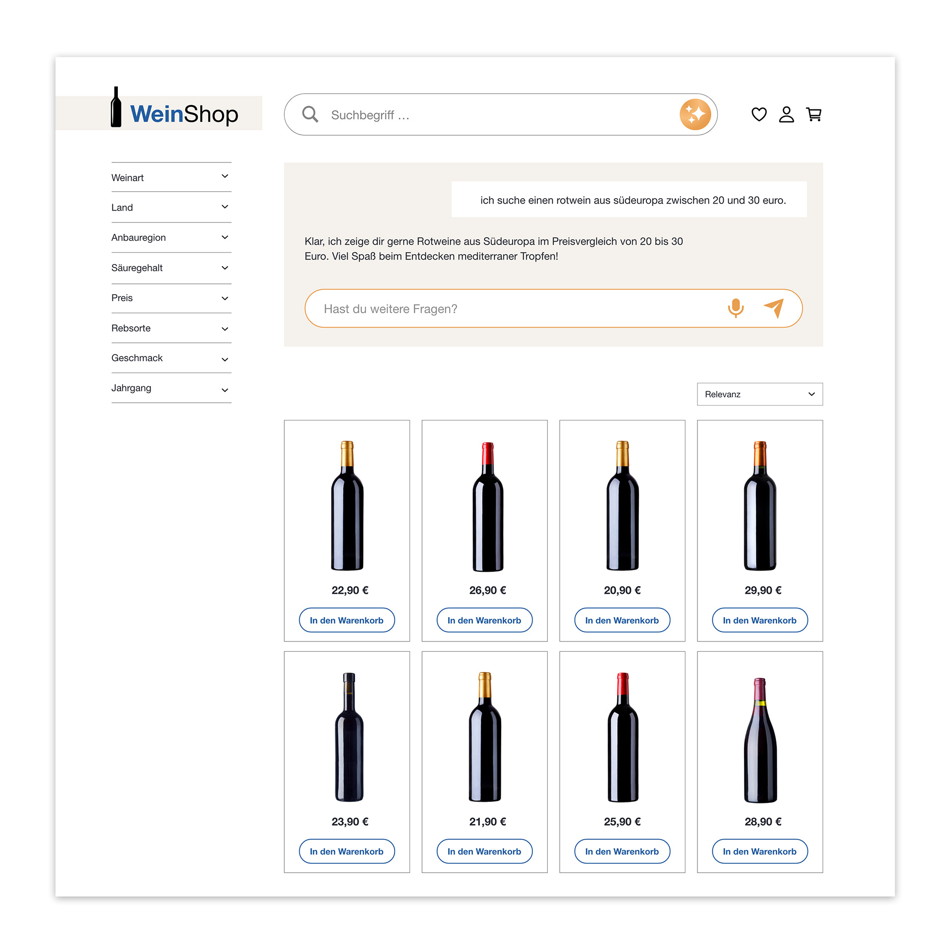 Beispielhafte Darstellung eines Weinshops mit einem AI Shopping Assistant als Weiterentwicklung der klassischen Guided Selling Software, der zur Anfrage "ich suche einen rotwein aus südeuropa zwischen 20 und 30 euro" passende Ergebnisse mit mediterranen Tropfen in der gewünschten Preiskategorie bereitstellt.