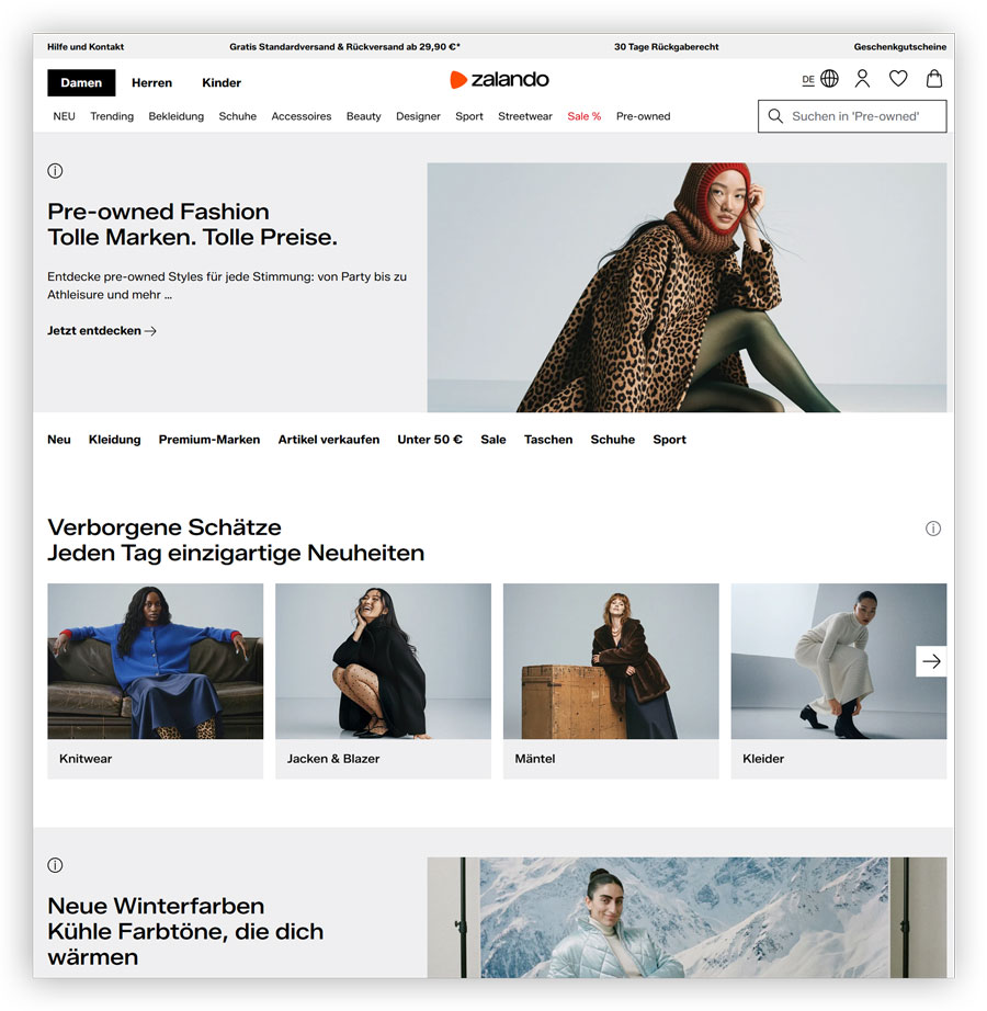 Screenshot of Zalando’s Pre-Owned section featuring secondhand items—an example of sustainable models in the future of e-commerce.