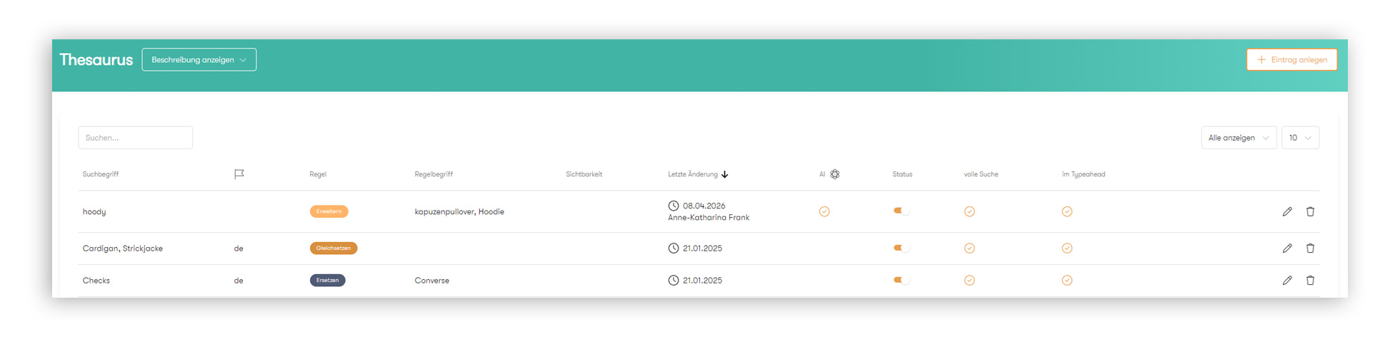 Thesaurus‑Bereich im Control Desk mit neuer Spalte zur Markierung von Einträgen aus dem AI Optimizer.