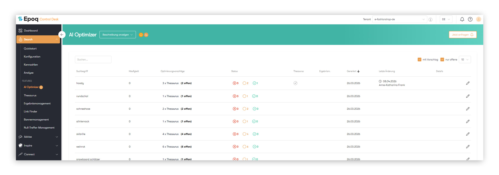 Übersicht des AI Optimizers im Control Desk mit Spalten für Suchbegriffe, Optimierungsvorschläge und deren Status.