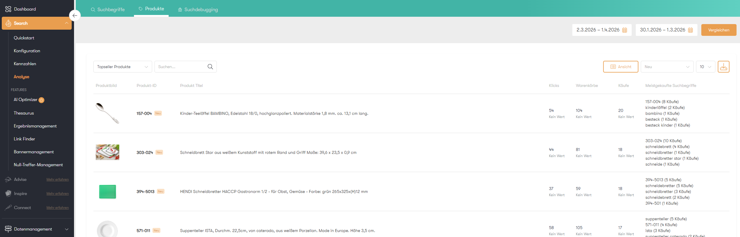 Der Screenshot zeigt die Tabelle der meistgekauften Produkte im Analyse‑Bereich des Control Desk, inklusive Produktbildern, Produkt‑IDs, Titeln, Klickzahlen, Käufen und den zugehörigen meistgenutzten Suchbegriffen.