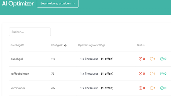 Der Screenshot zeigt den AI Optimizer im Control Desk mit einer Übersicht der generierten Optimierungsvorschläge je Suchbegriff inklusive Status.