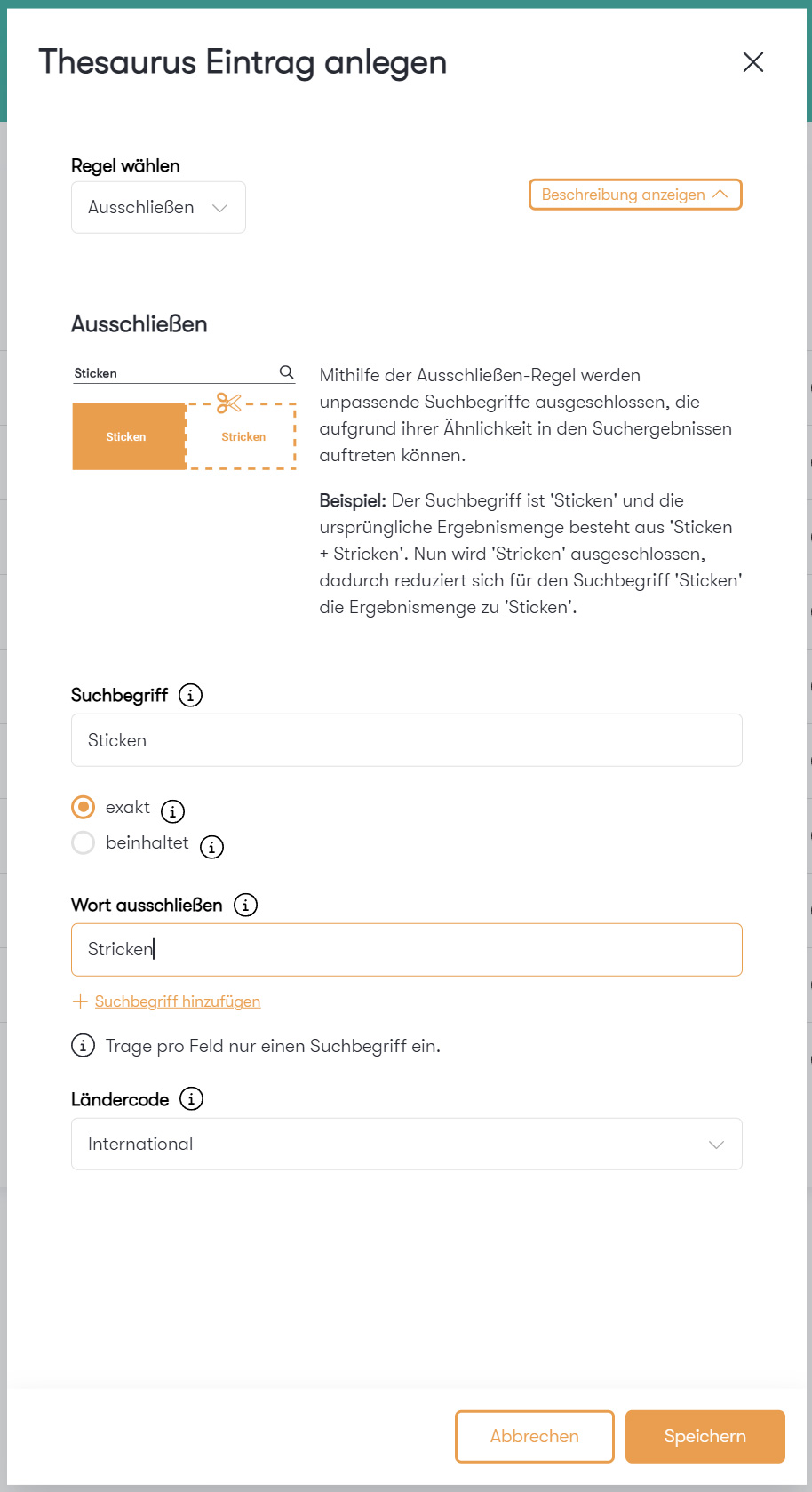 Der Screenshot zeigt einen Ausschnitt des Thesaurus im Epoq Control Desk. Dargestellt wird ein Beispiel für die Regel Ausschließen.