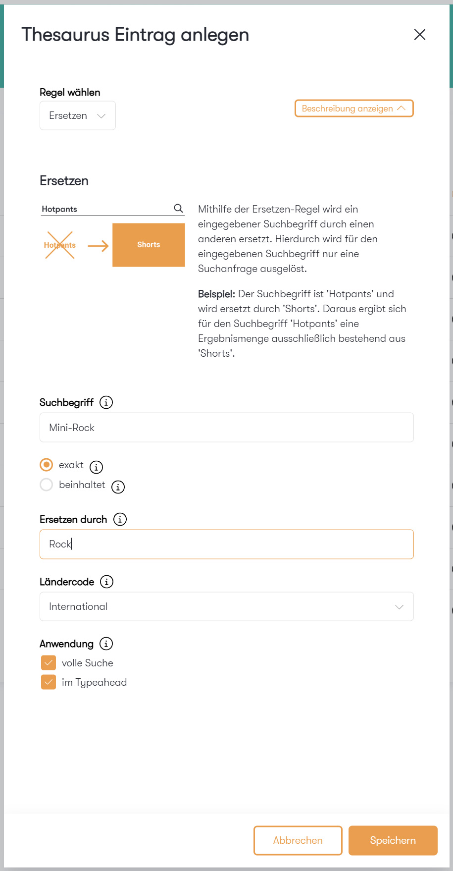 Der Screenshot zeigt einen Ausschnitt des Thesaurus im Epoq Control Desk. Dargestellt wird ein Beispiel für die Regel Ersetzen.