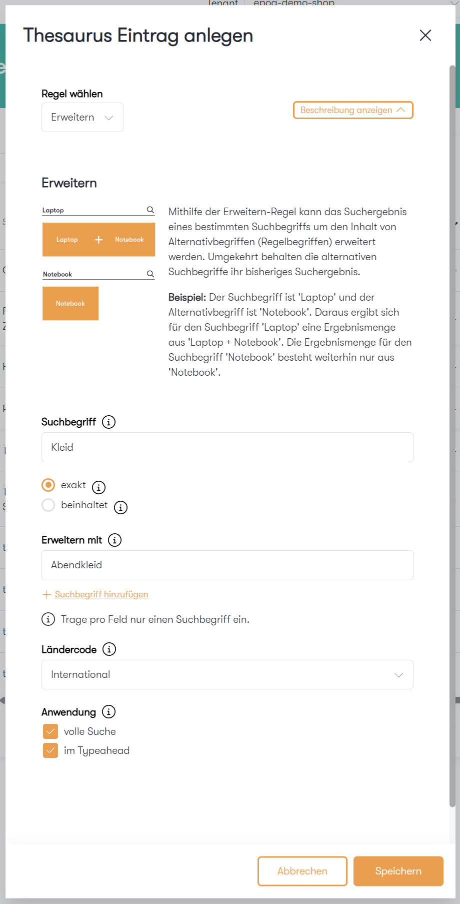 Der Screenshot zeigt einen Ausschnitt des Thesaurus im Epoq Control Desk. Dargestellt wird ein Beispiel für die Regel Erweitern.