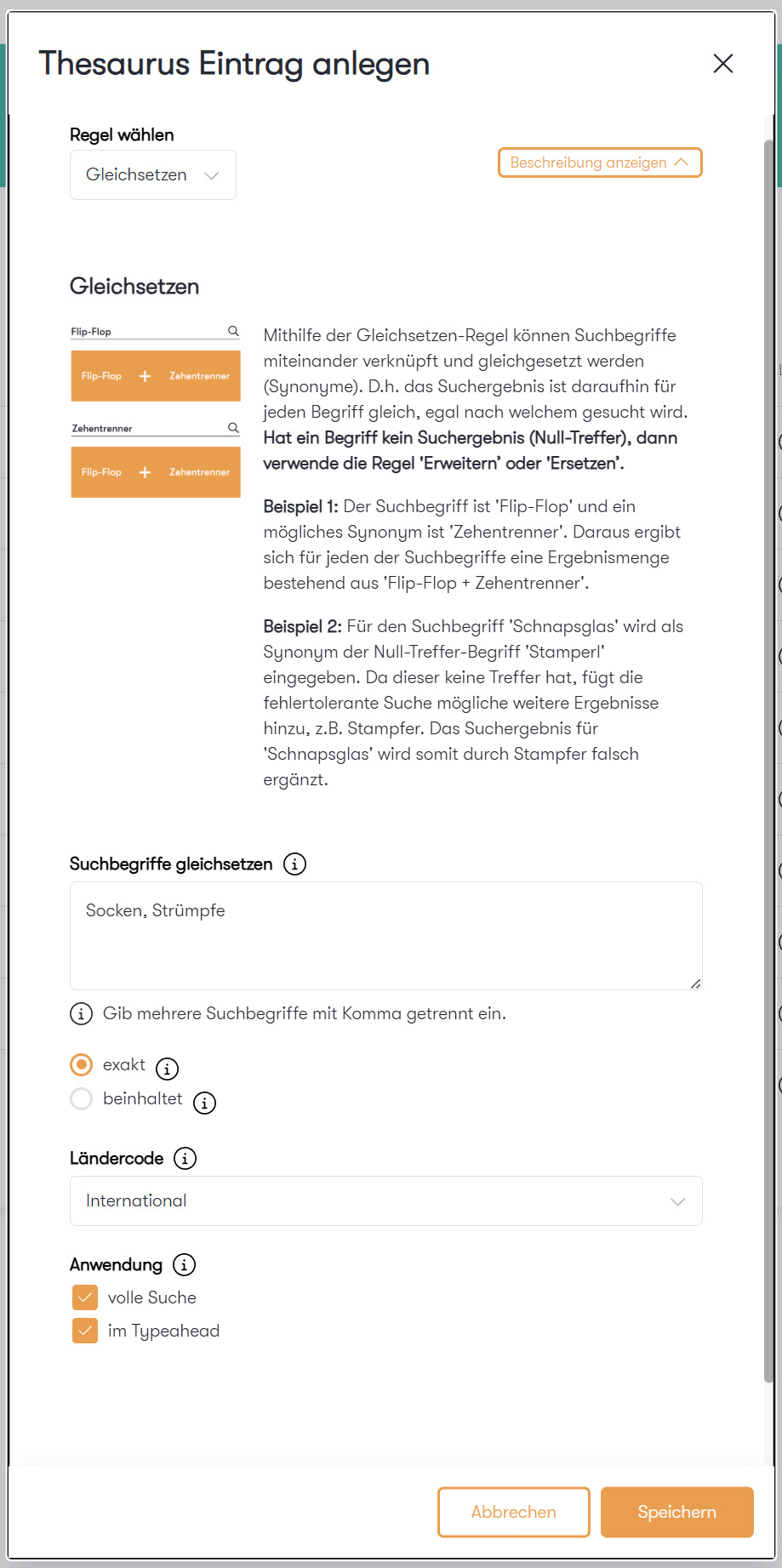 Der Screenshot zeigt einen Ausschnitt des Thesaurus im Epoq Control Desk. Dargestellt wird ein Beispiel für die Regel Gleichsetzen.