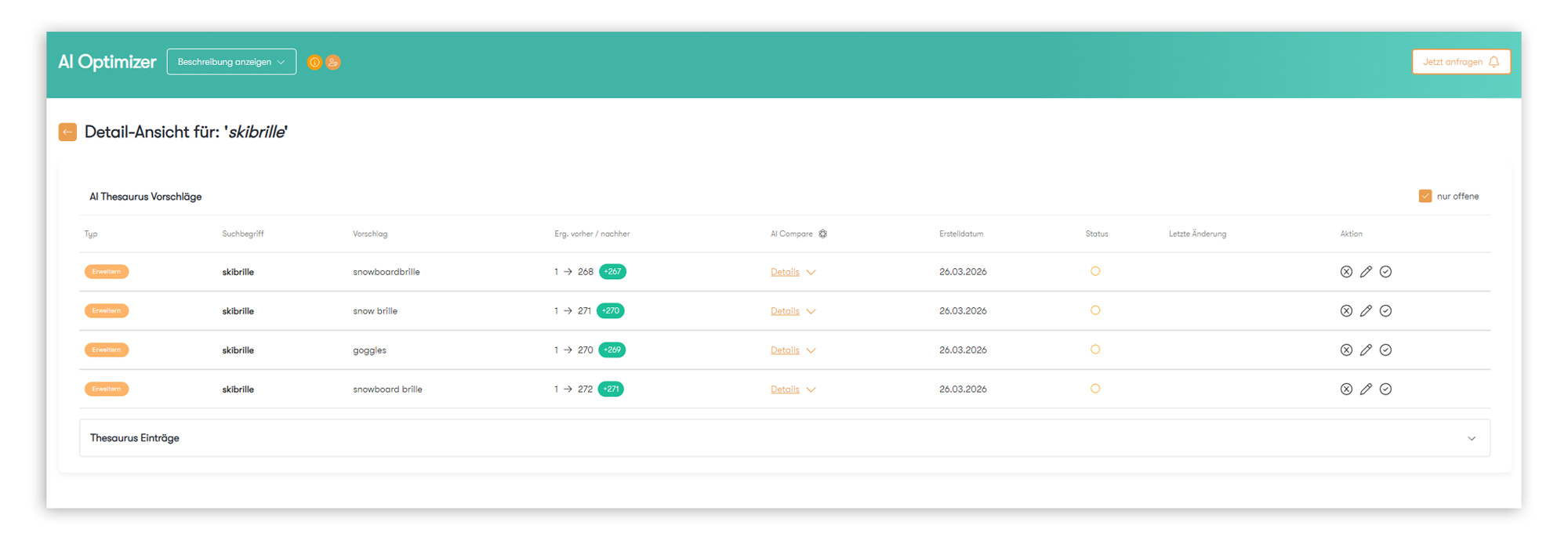 Detailansicht des Suchbegriffs „skibrille“ im AI Optimizer im Control Desk mit Vorschlag und Vergleich der Ergebnismenge vorher/nachher.