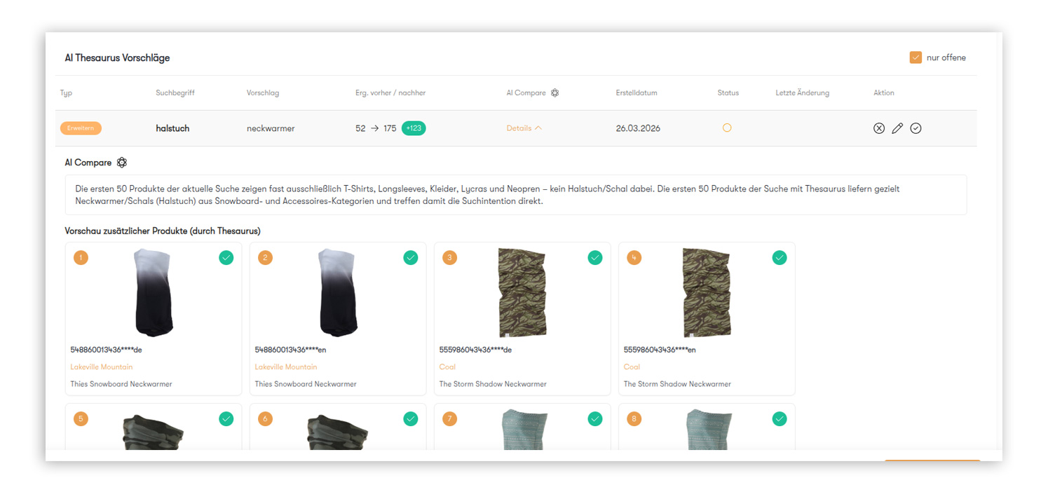 AI‑Optimizer‑Detailansicht mit Thesaurus‑Vorschlag „neckwarmer“ für den Suchbegriff „halstuch“, inklusive Vergleich der Ergebnismengen, AI‑Compare‑Erläuterung und Produktvorschau.