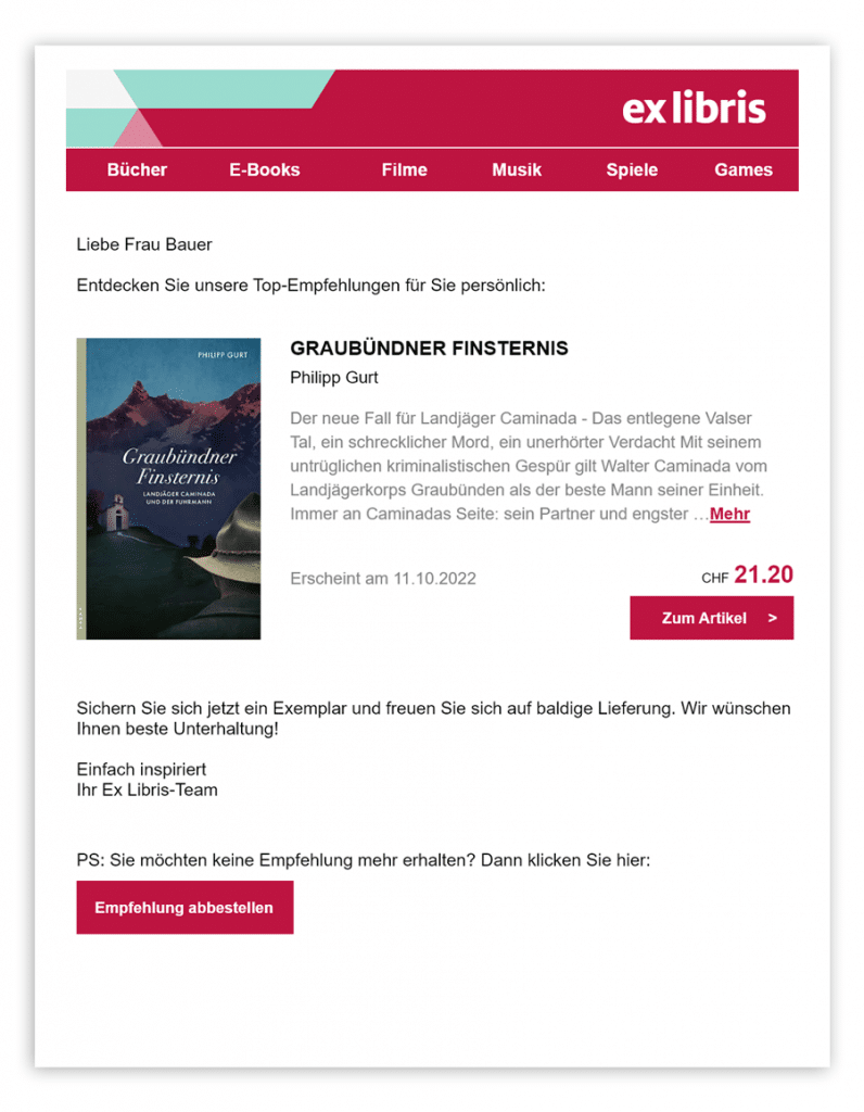 A screenshot of an Ex Libris email sent to users automatically identified as interested, recommending a relevant new book release as an example of personalization in an online store.