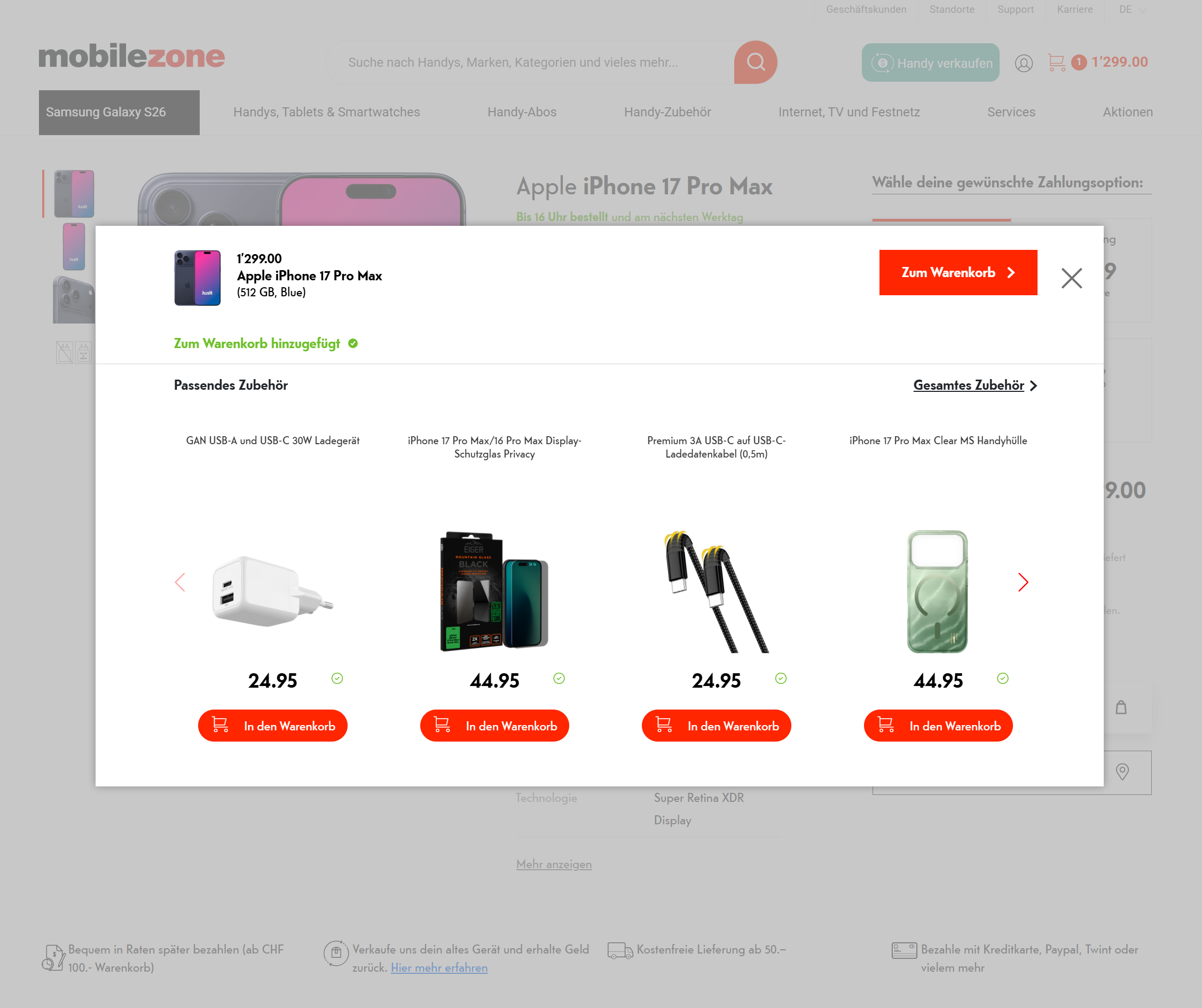 Screenshot of the mobilezone shopping cart page featuring personalized accessory recommendations for the iPhone 17 Pro Max, as an example of personalization in an online store.