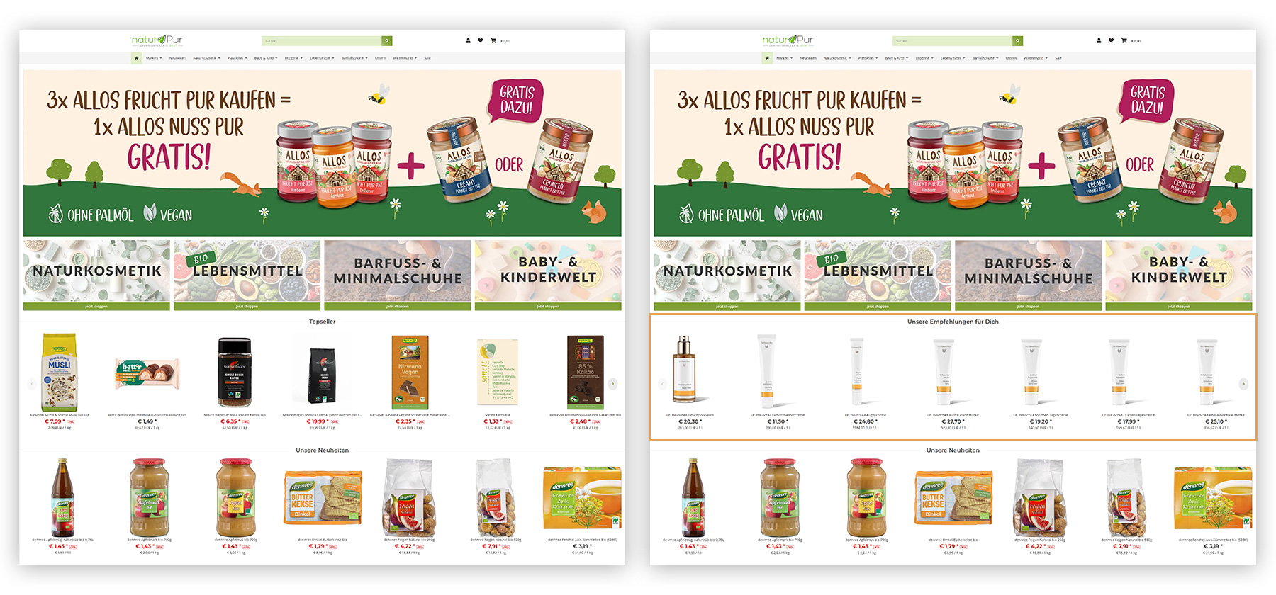Example of personalization in an online store: Comparison of two naturPur homepages. New visitors with no purchase history receive general recommendations for top sellers, while returning users see personalized product recommendations based on their previous purchase history.
