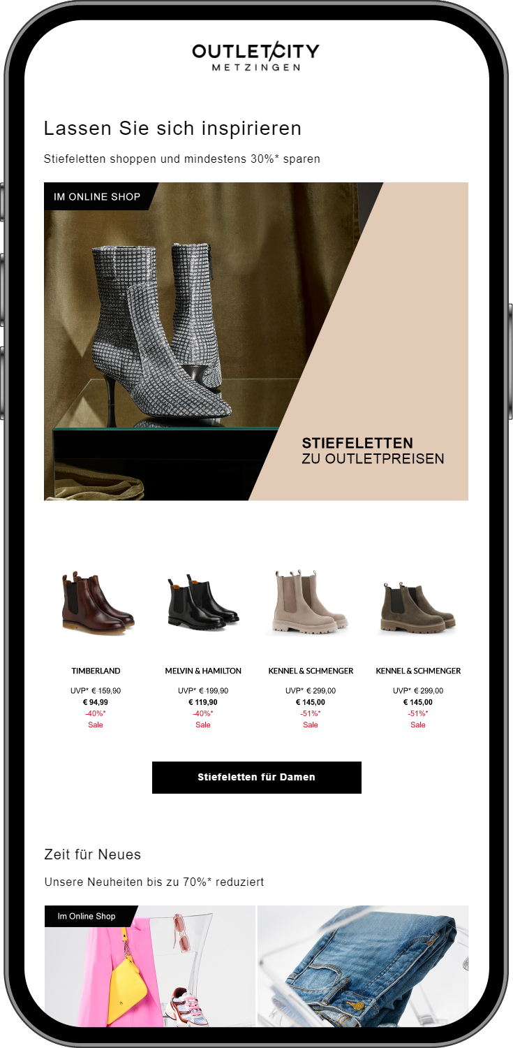 Screenshot of an Outletcity Metzingen category newsletter featuring personalized fashion recommendations, as an example of personalization in an online store.