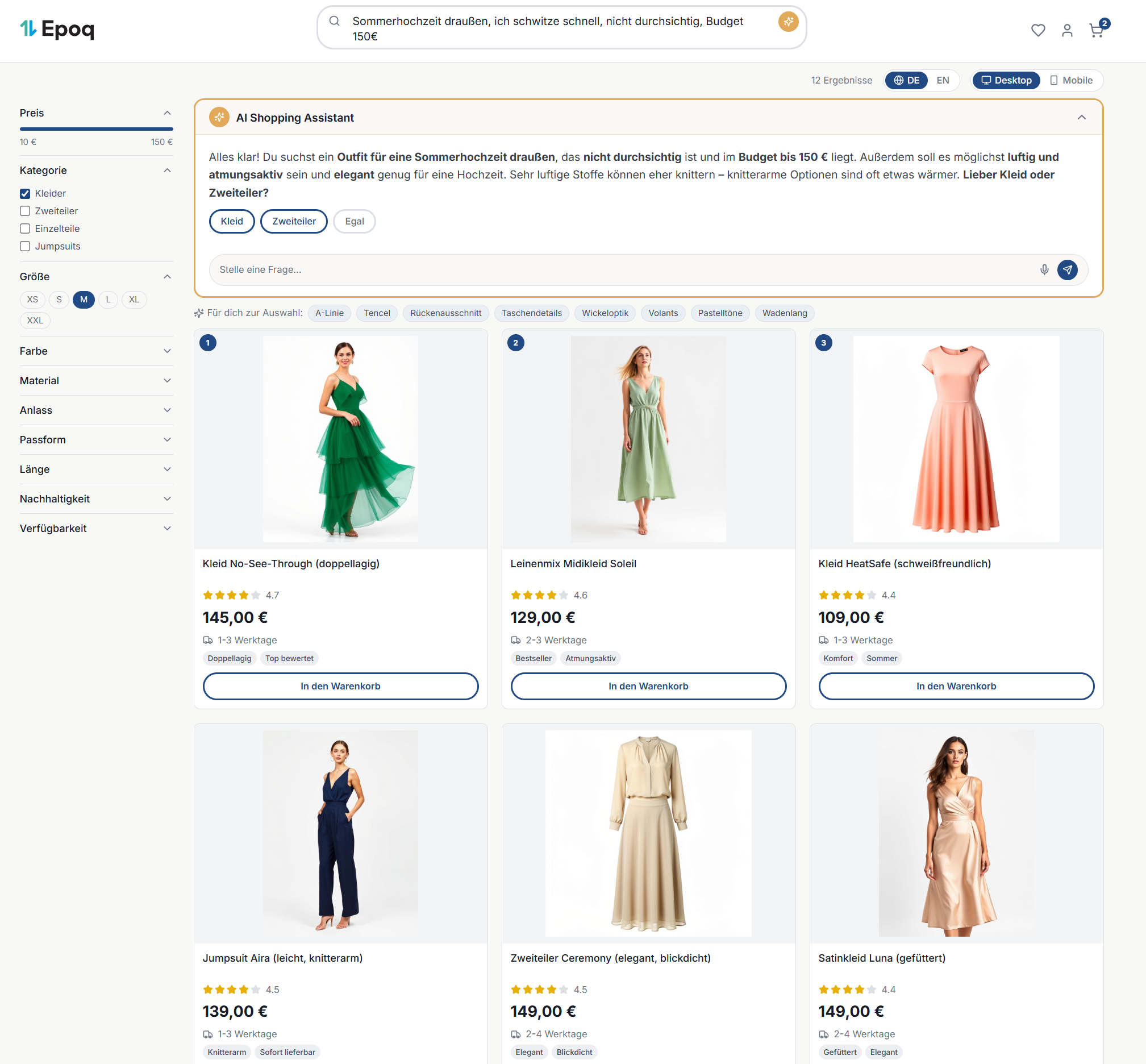 Beispielhafte Darstellung eines Fashion-Shops mit aktivem AI Shopping Assistant. Der Online-Produktberater zeigt passende Kleider aus luftigen Stoffen für die Suchanfrage nach einem Outfit für eine Sommerhochzeit.