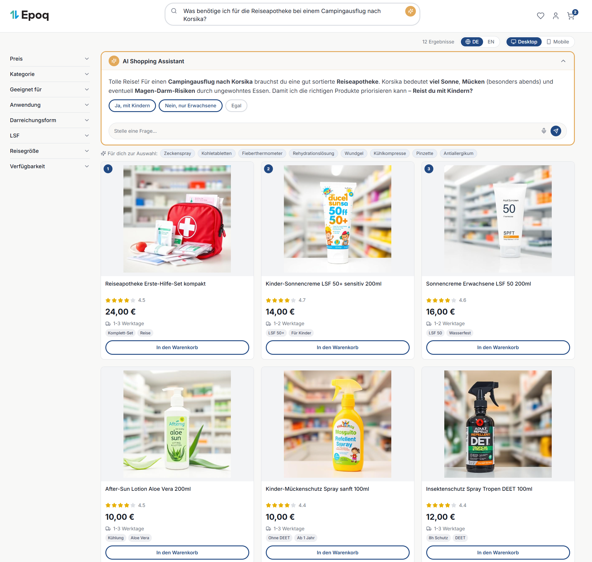 Beispielhafte Darstellung einer Online-Apotheke mit aktivem AI Shopping Assistant. Der Online-Produktberater beantwortet die Frage „Was benötige ich für die Reiseapotheke bei einem Campingausflug nach Korsika?" und zeigt passende Produkte wie Sonnencreme, Mückenschutz-Spray und ein Erste-Hilfe-Set.