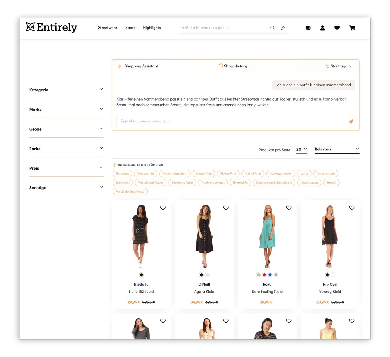Beispielhafte Darstellung eines Streetwear-Shops mit aktivem AI Shopping Assistant. Der Assistent beantwortet die Suchanfrage „ich suche ein outfit für einen sommerabend" und zeigt passende Produkte sowie Tags wie „Flower Print" oder „Luftig".