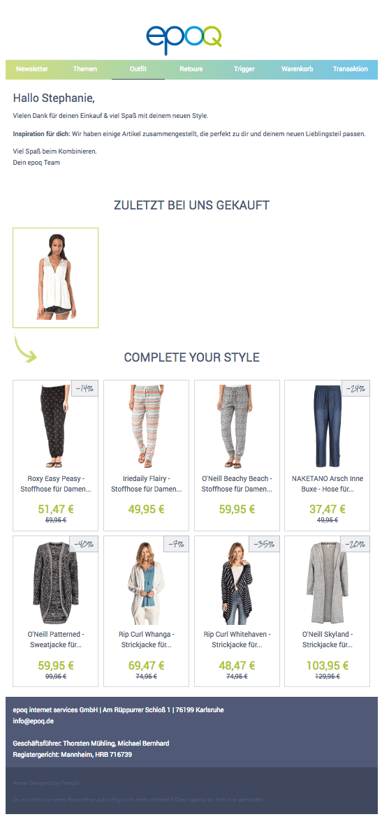 Outfit-Mail mit personalisierten Inhalten, die ein zuvor gekauftes Produkt ergänzen