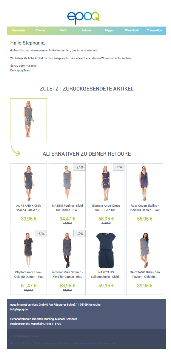 Transaktions-Mail in Form einer Retouren-Mail