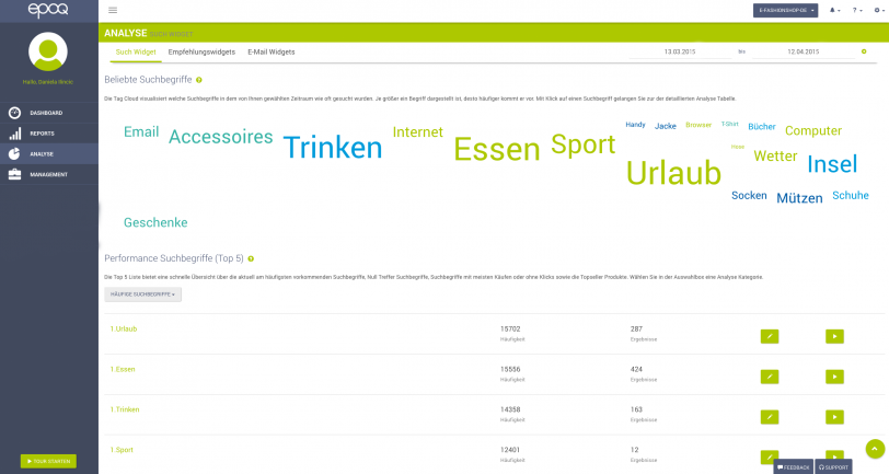 Der Screenshot zeigt den Analyse-Bereich als Bestandteil des Login-Bereichs im epoq Control Desk.