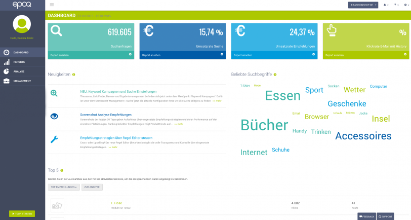 Dargestellt wird ein Screenshot des Login-Bereichs im epoq Control Desk. Das Bild zeigt dabei den Menüpunkt Dashboard.