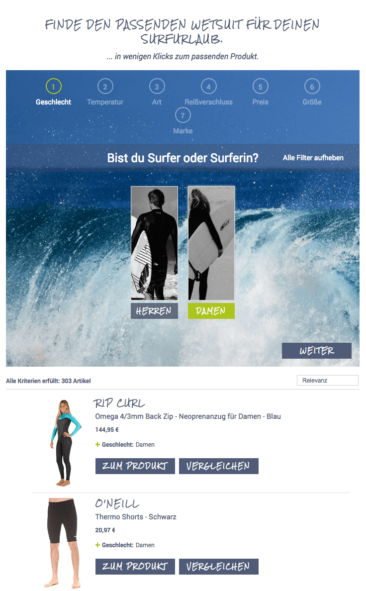 Ein Guided-Selling-System für Neoprenanzüge.
