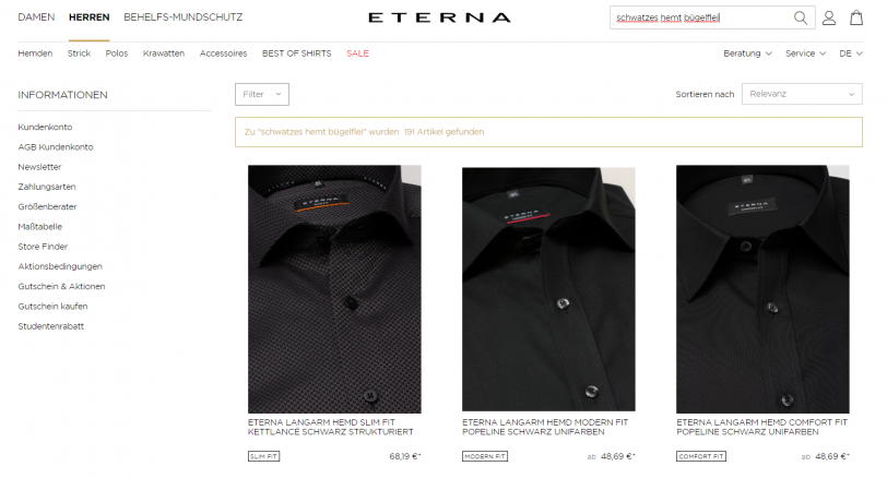Beispiel für Fehlertoleranz der Onsite-Suche im Online Shop von ETERNA