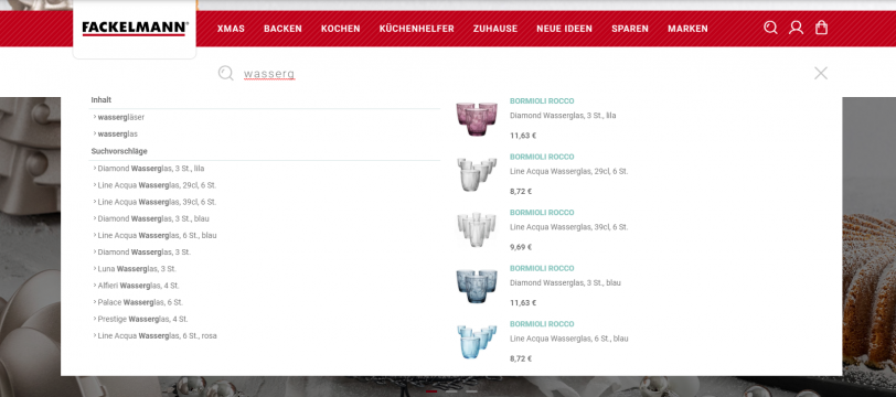 Beispiel für die Autosuggest-Funktion der Onsite-Suche im Online Shop von Fackelmann