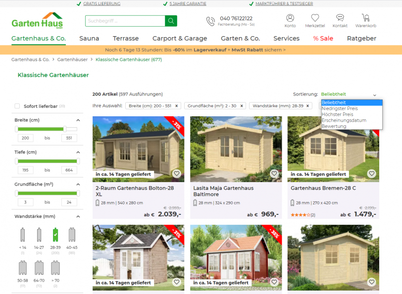 Beispiel für Sortierungs- und Fitlerfunktionen der Onsite-Suche im Online Shop von A-Z Gartenhaus