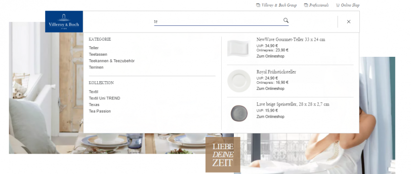 Beispiel für das Auffinden von Content über die Onsite-Suche im Online Shop von Villeroy & Boch
