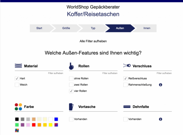 Die Auswahl der Außen-Features beim Online-Produktberater von Miles & More.